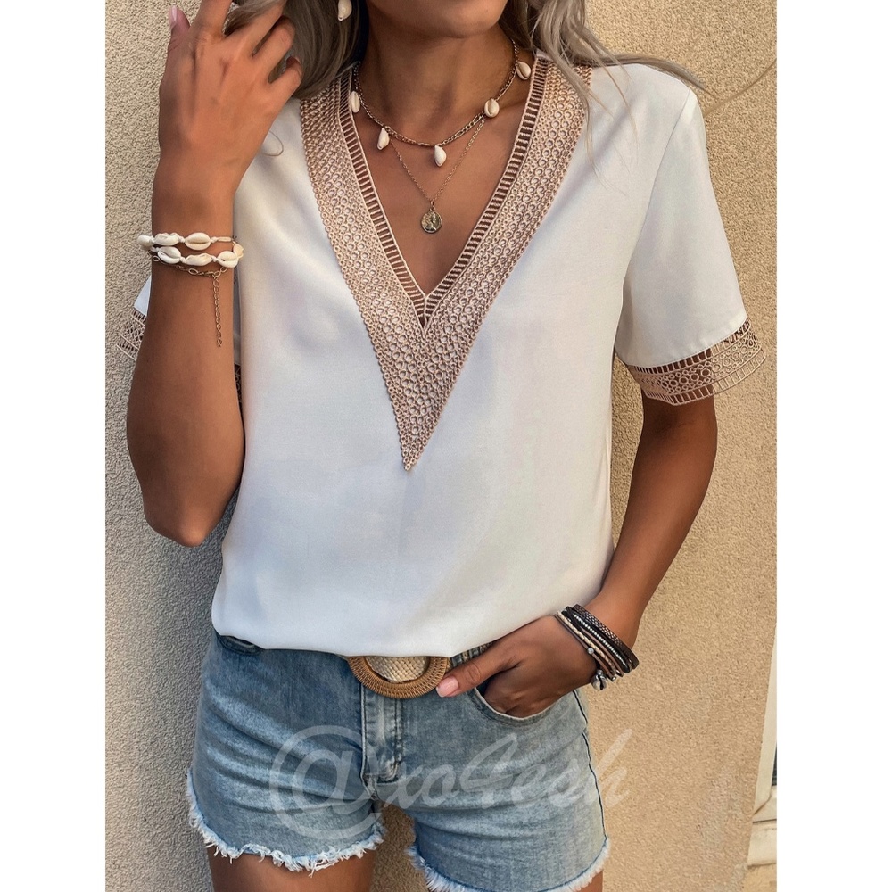 White Casual Top V-Neck Embroidered Details